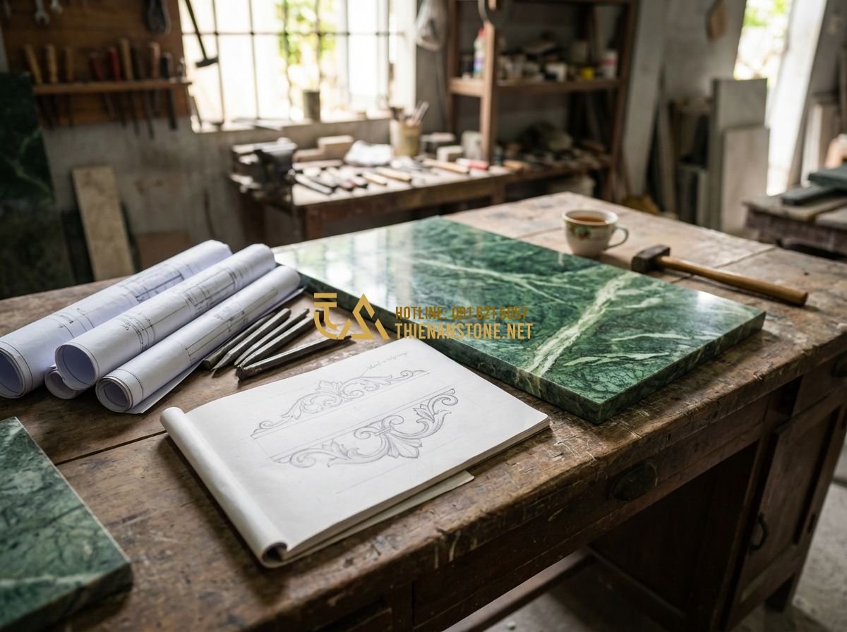 Bí Quyết Thiết Kế Biển Hiệu Đá Tự Nhiên Thu Hút Khách Hàng Hiệu Quả - Tạo ảnh tiếng Anh: A professional stone artisan sketching a custom design for a