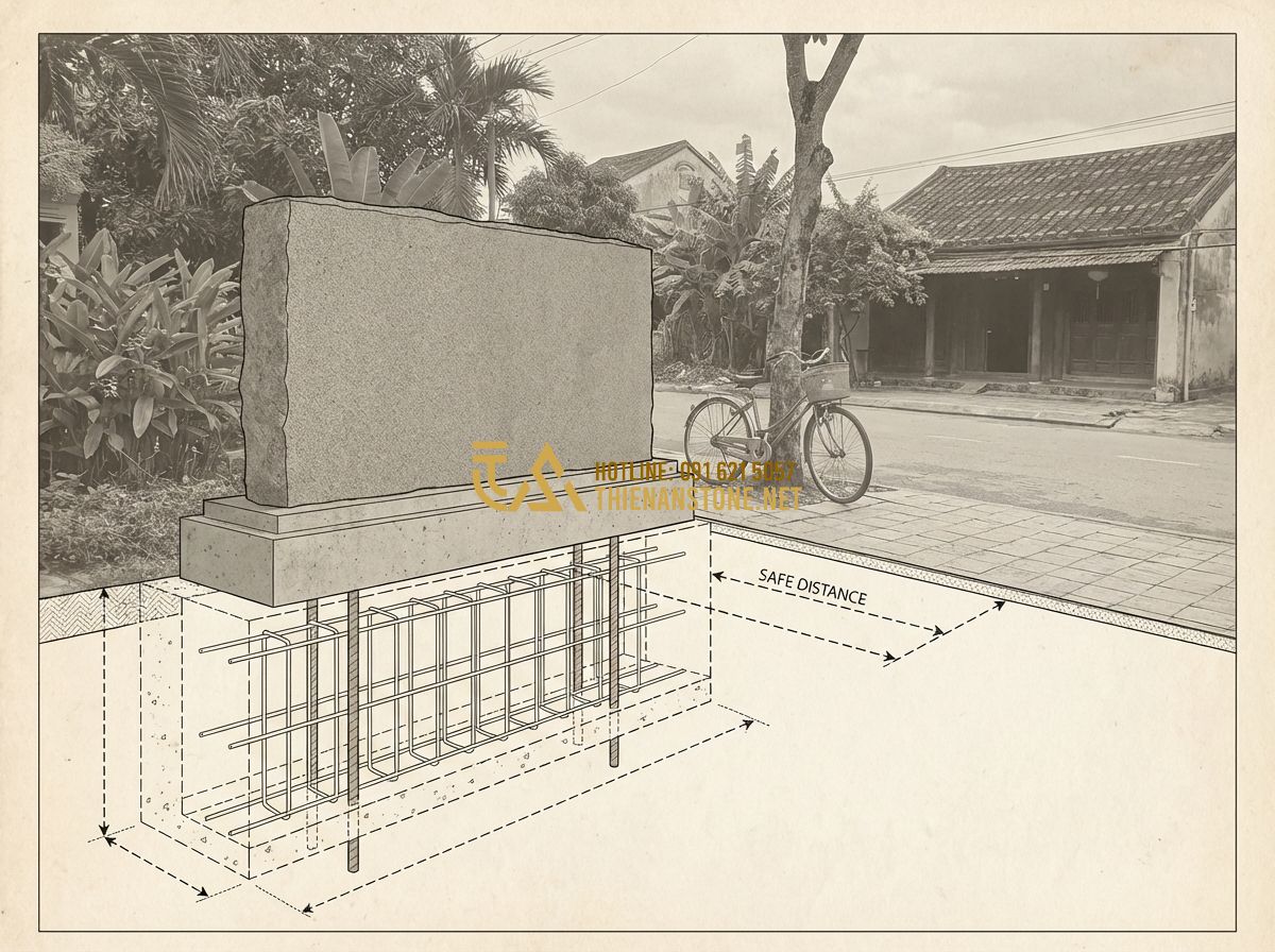 Bí Quyết Thiết Kế Biển Hiệu Đá Tự Nhiên Thu Hút Khách Hàng Hiệu Quả - Tạo ảnh tiếng Anh: A technical diagram showing the proper installation of a heav