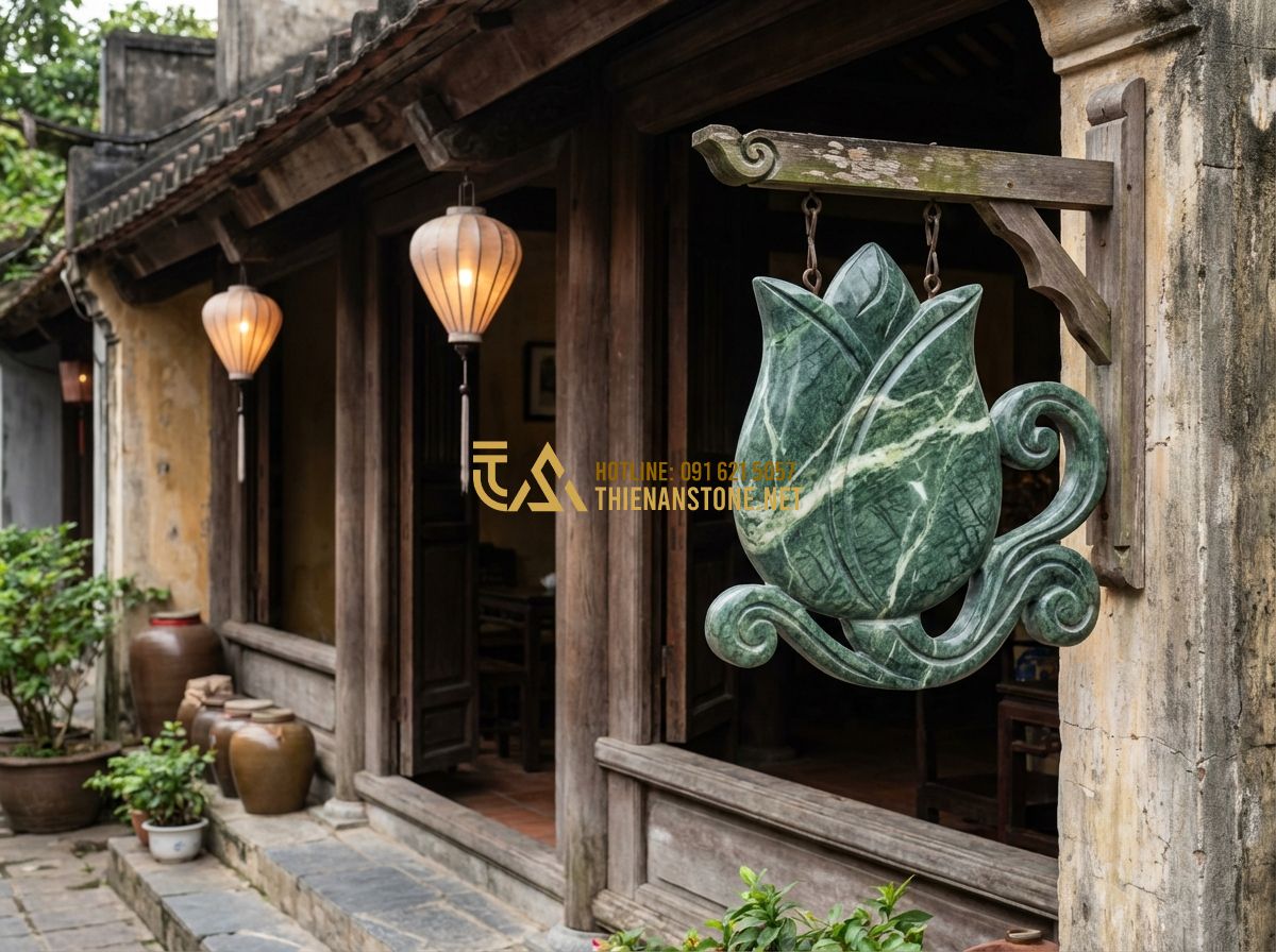 Bí Quyết Thiết Kế Biển Hiệu Đá Tự Nhiên Thu Hút Khách Hàng Hiệu Quả - Tạo ảnh tiếng Anh: A charming tea shop entrance in an old town, a beautiful sand