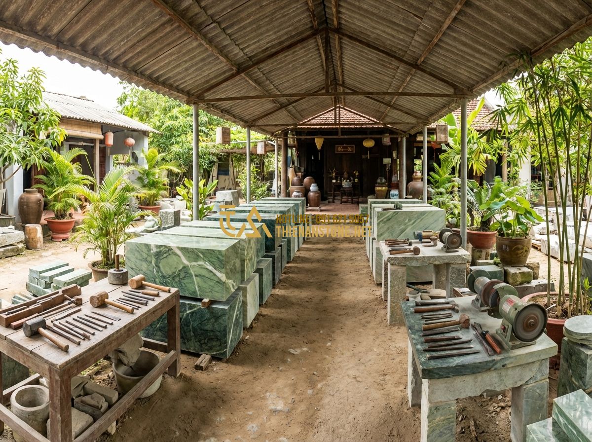 Bí Quyết Thiết Kế Biển Hiệu Đá Tự Nhiên Thu Hút Khách Hàng Hiệu Quả - Tạo ảnh tiếng Anh: A panoramic view of a traditional stone workshop in Vietnam,
