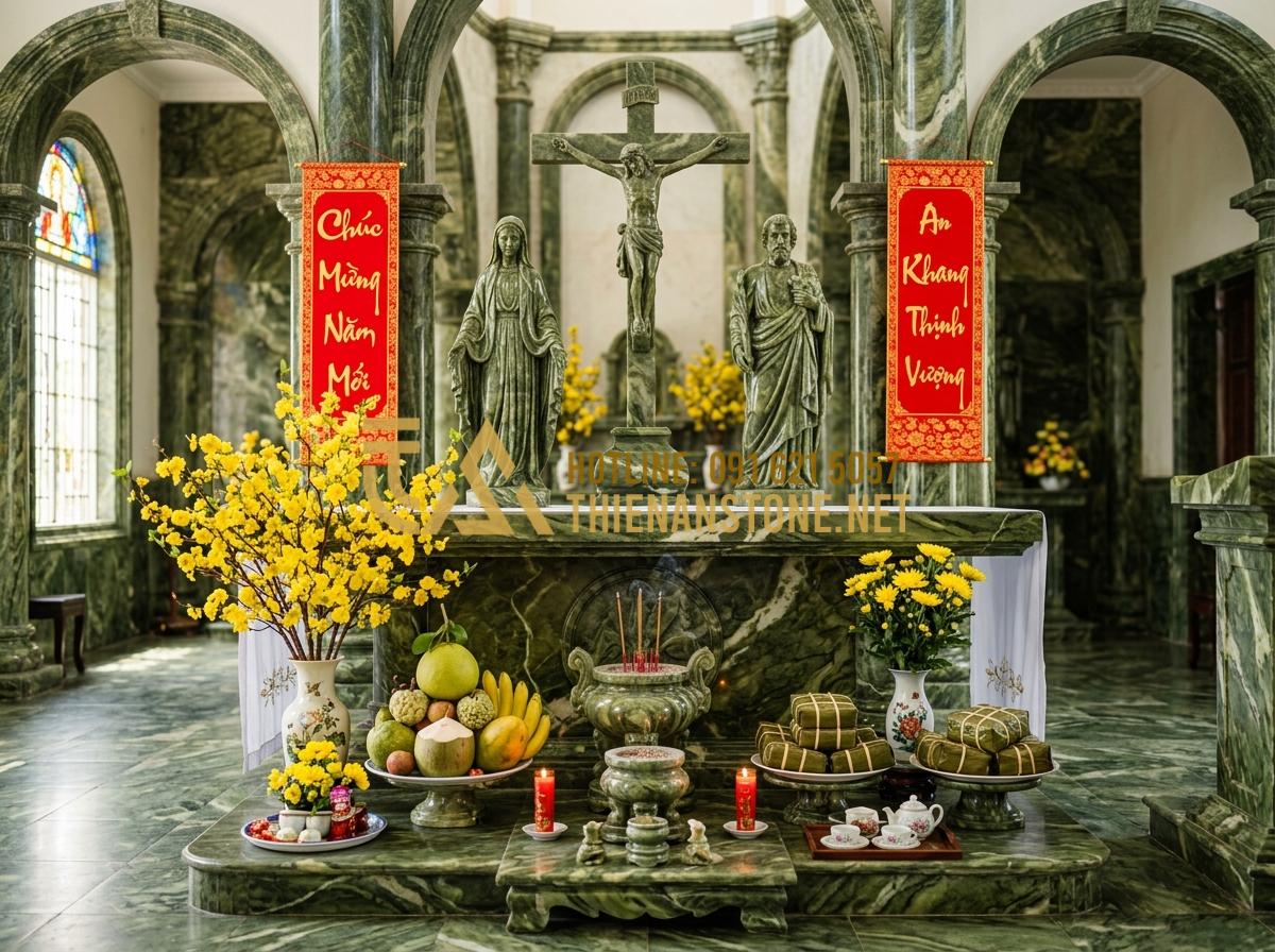 Bí Quyết Trang Trí Bàn Thờ Công Giáo Đẹp Vào Ngày Thường Và Dịp Lễ Tết - Hình 4 Bí Quyết Trang Trí Bàn Thờ Công Giáo Đẹp Vào Ngày Thường Và Dịp Lễ Tết - Tạo ảnh tiếng Anh: A Catholic altar decorated for Vietnamese Lunar New Year with