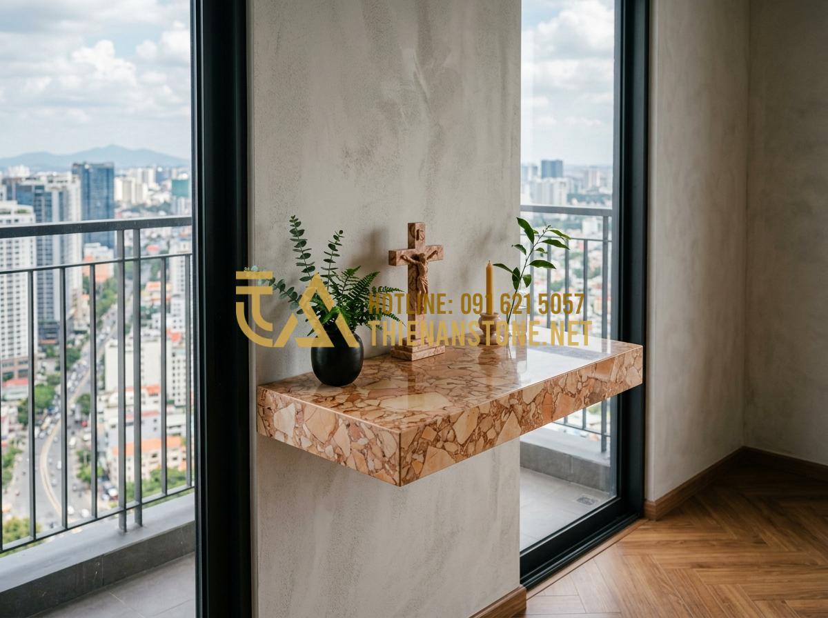 Bí Quyết Trang Trí Bàn Thờ Công Giáo Đẹp Vào Ngày Thường Và Dịp Lễ Tết - Hình 6 Bí Quyết Trang Trí Bàn Thờ Công Giáo Đẹp Vào Ngày Thường Và Dịp Lễ Tết - Tạo ảnh tiếng Anh: A modern, minimalist stone wall-mounted Catholic altar in a h