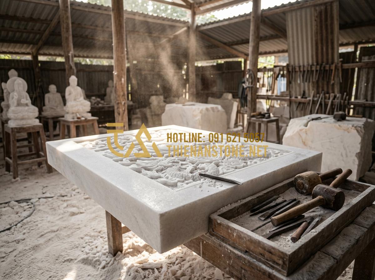 Bí Quyết Trang Trí Bàn Thờ Công Giáo Đẹp Vào Ngày Thường Và Dịp Lễ Tết - Hình 7 Bí Quyết Trang Trí Bàn Thờ Công Giáo Đẹp Vào Ngày Thường Và Dịp Lễ Tết - Tạo ảnh tiếng Anh: Skilled artisans in a stone sculpture workshop carefully carv