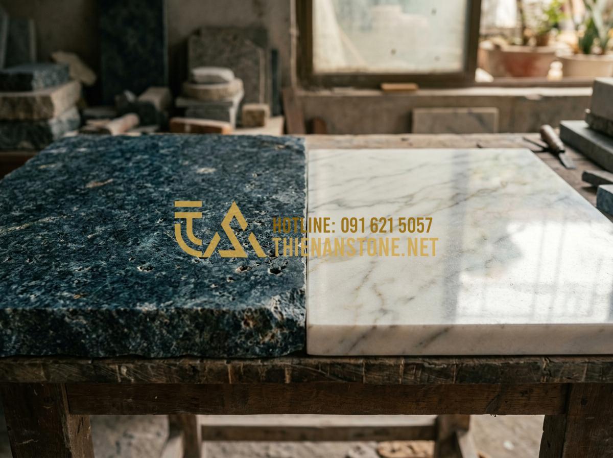 Bí quyết vệ sinh giếng đá tự nhiên sạch bong rêu mốc chỉ trong 15 phút - Tạo ảnh tiếng Anh: A side-by-side comparison of a dark blue natural stone and a