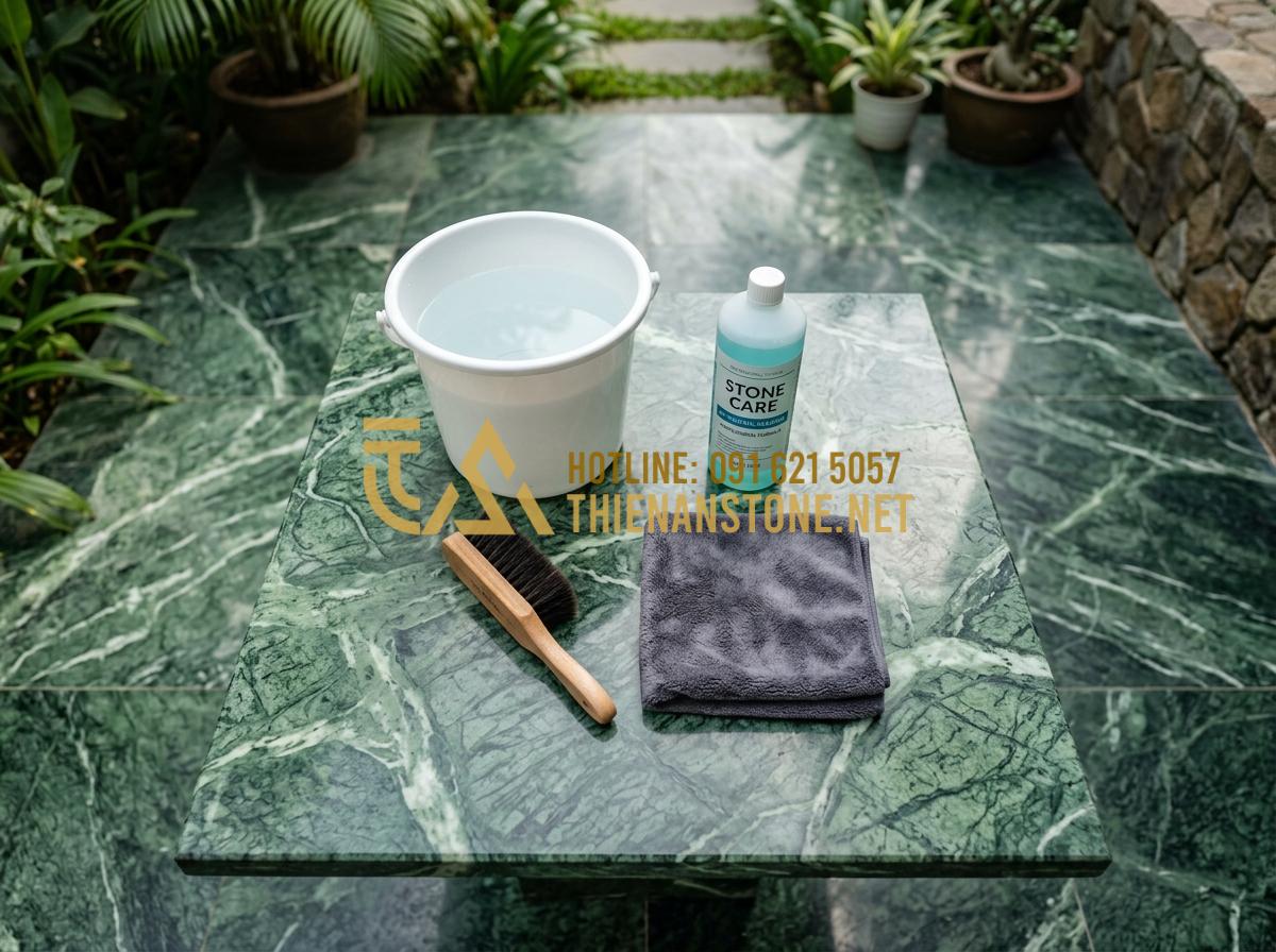 Bí quyết vệ sinh giếng đá tự nhiên sạch bong rêu mốc chỉ trong 15 phút - Tạo ảnh tiếng Anh: A flat lay of professional stone cleaning tools including a s