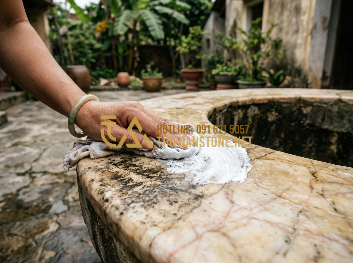 Bí quyết vệ sinh giếng đá tự nhiên sạch bong rêu mốc chỉ trong 15 phút - Tạo ảnh tiếng Anh: A detailed shot of a hand applying a white cleaning paste to