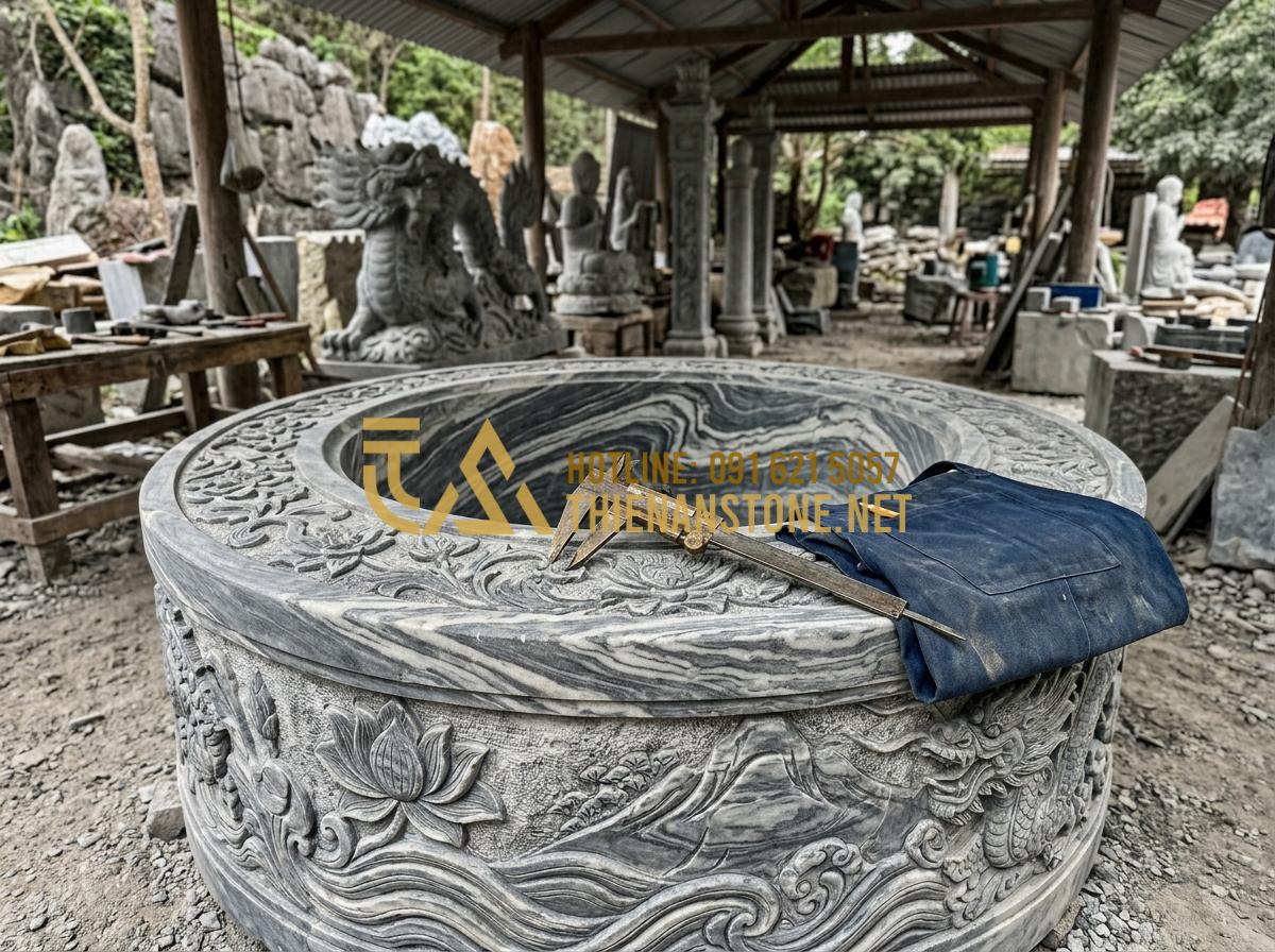 Bí quyết vệ sinh giếng đá tự nhiên sạch bong rêu mốc chỉ trong 15 phút - Tạo ảnh tiếng Anh: A professional stone artisan from Thien An Stone workshop, we