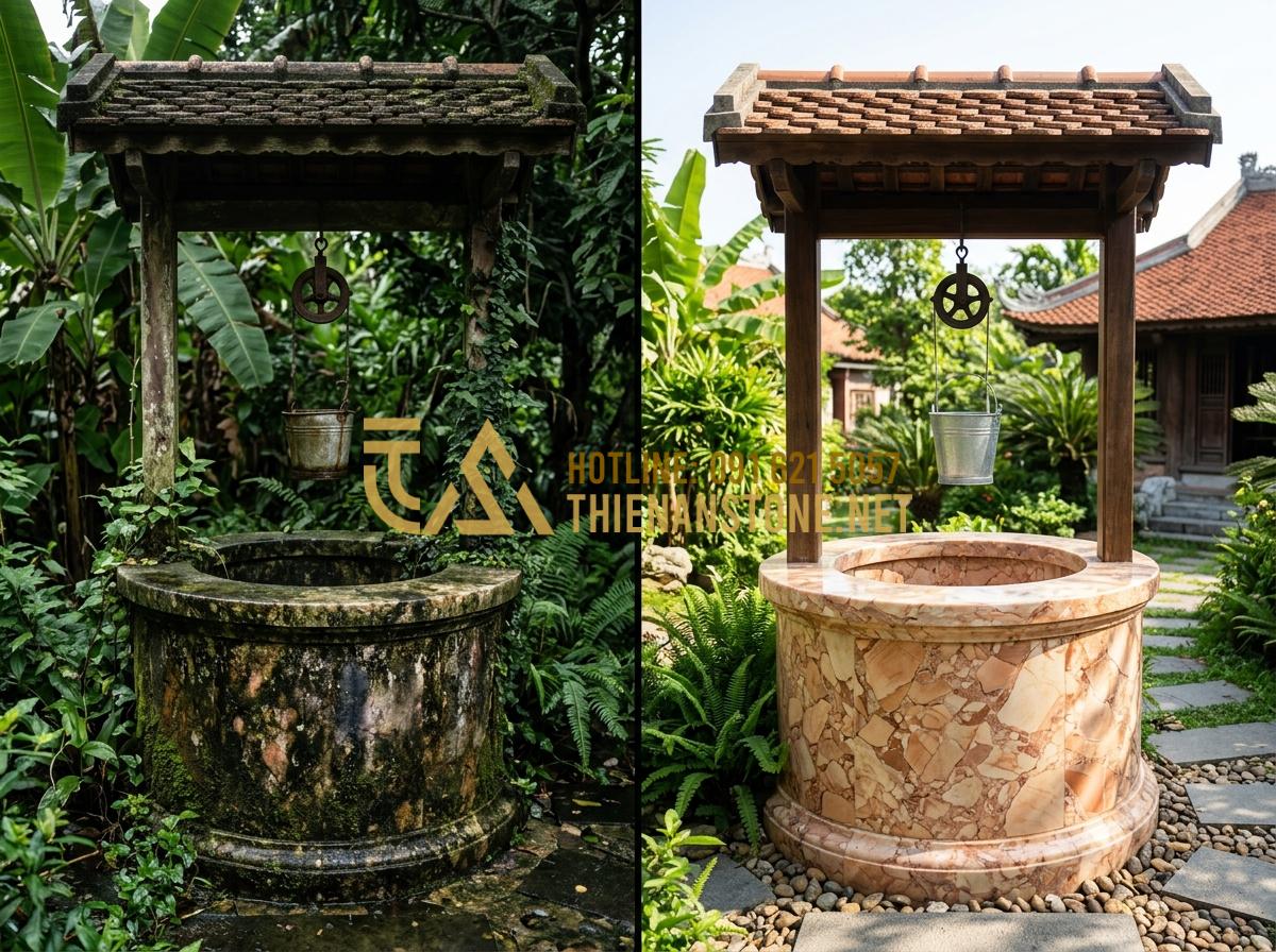 Bí quyết vệ sinh giếng đá tự nhiên sạch bong rêu mốc chỉ trong 15 phút - Tạo ảnh tiếng Anh: A stunning before-and-after split image of a natural stone we