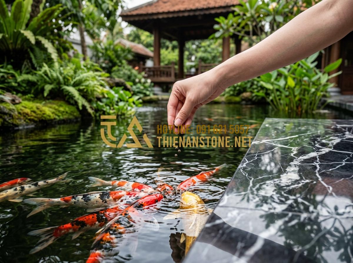 Bí quyết vệ sinh nắp hút đáy đá tự nhiên để hệ thống lọc luôn thông suốt - Tạo ảnh tiếng Anh: [A peaceful scene of a hand feeding koi fish precisely, showi
