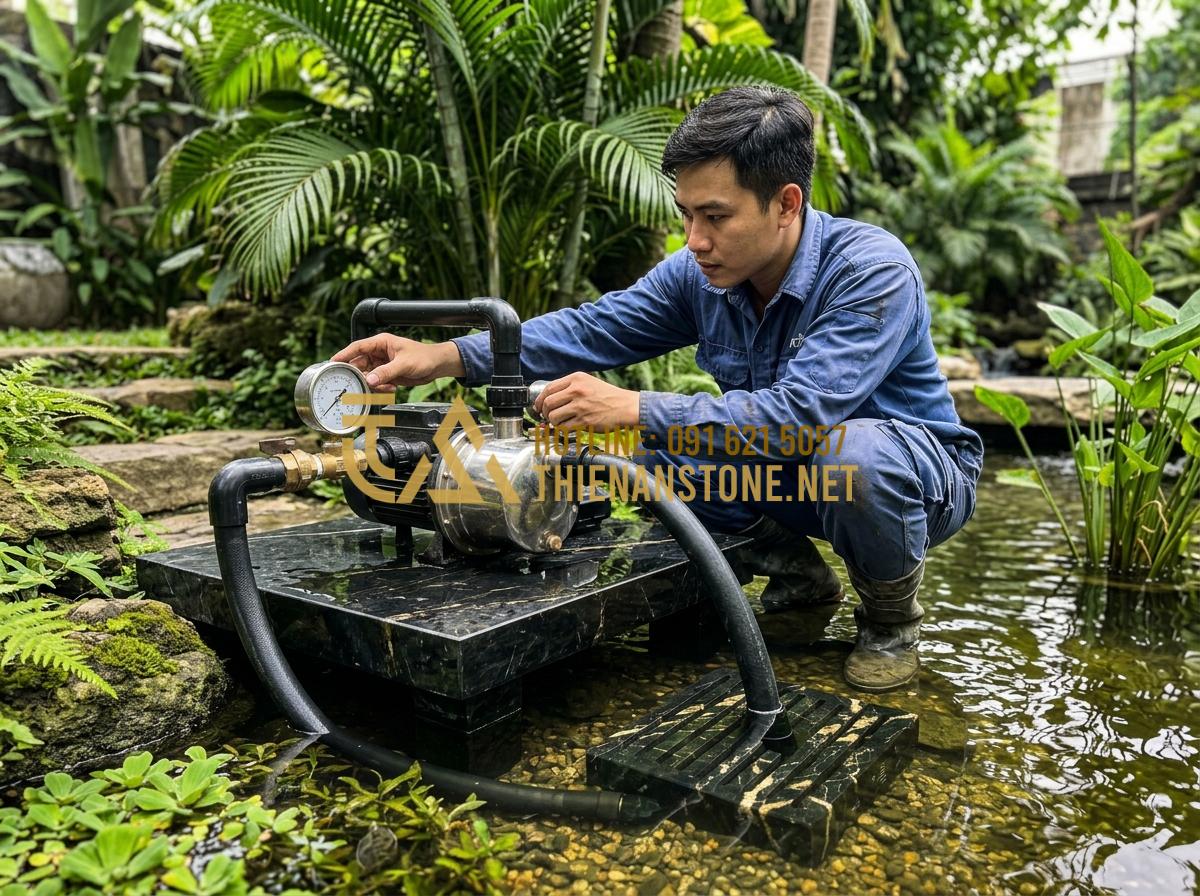 Bí quyết vệ sinh nắp hút đáy đá tự nhiên để hệ thống lọc luôn thông suốt - Tạo ảnh tiếng Anh: [Technician inspecting a pond pump system with gauges and pip