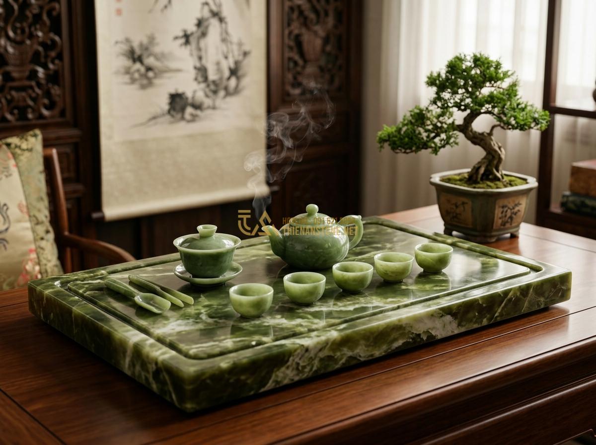 Bộ Ấm Chén Đá Ngọc: Đỉnh Cao Quà Tặng Phong Thủy & Bí Quyết Chọn Mua - Hình 2 Bộ Ấm Chén Đá Ngọc: Đỉnh Cao Quà Tặng Phong Thủy & Bí Quyết Chọn Mua - Tạo ảnh tiếng Anh: An elegant scene featuring a luxury jade tea set on a black s