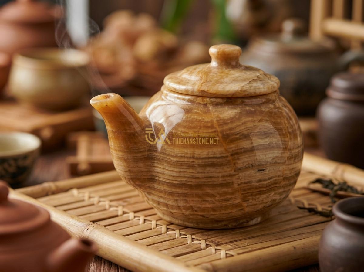 Bộ Ấm Chén Đá Ngọc: Đỉnh Cao Quà Tặng Phong Thủy & Bí Quyết Chọn Mua - Hình 3 Bộ Ấm Chén Đá Ngọc: Đỉnh Cao Quà Tặng Phong Thủy & Bí Quyết Chọn Mua - Tạo ảnh tiếng Anh: Close-up of an exquisite jadeite teapot being held by weather