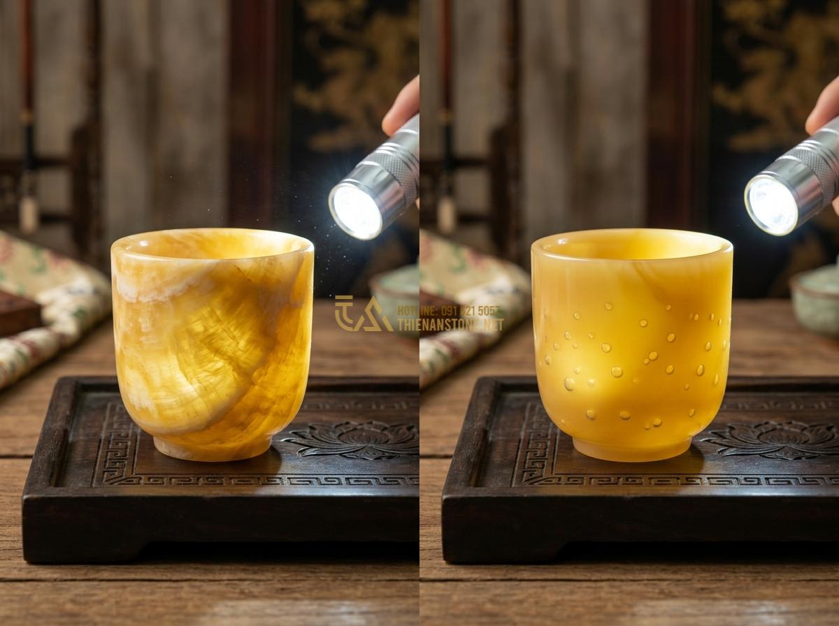Bộ Ấm Chén Đá Ngọc: Đỉnh Cao Quà Tặng Phong Thủy & Bí Quyết Chọn Mua - Hình 4 Bộ Ấm Chén Đá Ngọc: Đỉnh Cao Quà Tặng Phong Thủy & Bí Quyết Chọn Mua - Tạo ảnh tiếng Anh: A side-by-side comparison of a genuine natural jade cup and a