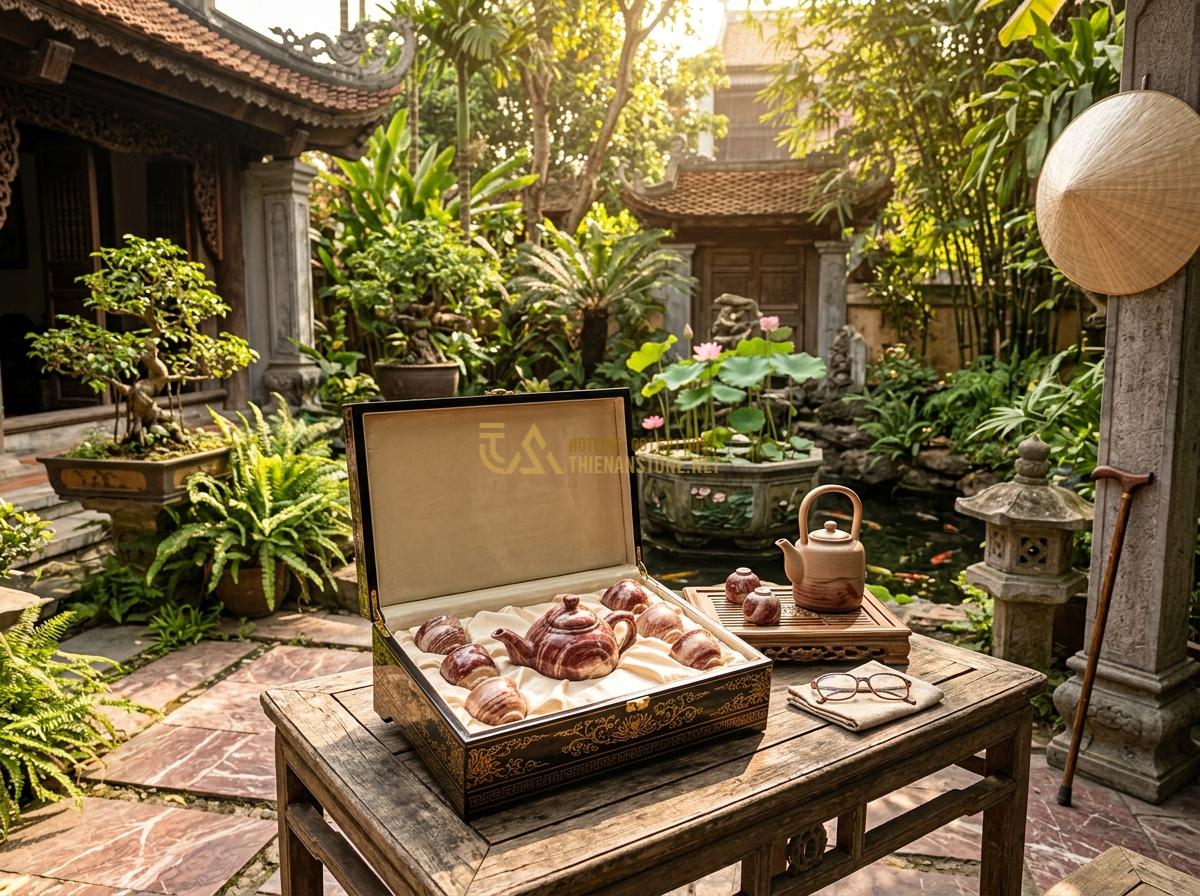 Bộ Ấm Chén Đá Ngọc: Đỉnh Cao Quà Tặng Phong Thủy & Bí Quyết Chọn Mua - Hình 5 Bộ Ấm Chén Đá Ngọc: Đỉnh Cao Quà Tặng Phong Thủy & Bí Quyết Chọn Mua - Tạo ảnh tiếng Anh: A heartwarming scene of a young man presenting a beautifully