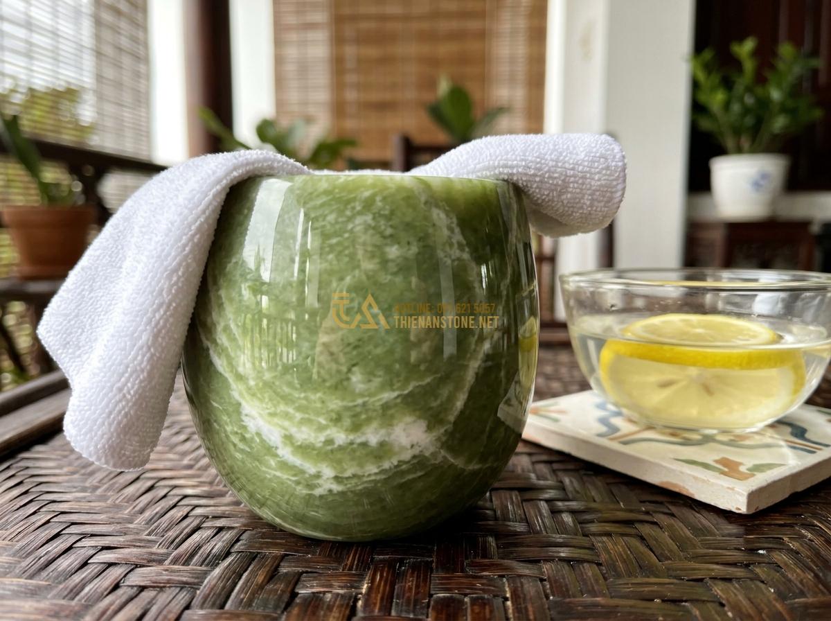 Bộ Ấm Chén Đá Ngọc: Đỉnh Cao Quà Tặng Phong Thủy & Bí Quyết Chọn Mua - Hình 6 Bộ Ấm Chén Đá Ngọc: Đỉnh Cao Quà Tặng Phong Thủy & Bí Quyết Chọn Mua - Tạo ảnh tiếng Anh: A detailed photograph of a person gently cleaning a jade tea