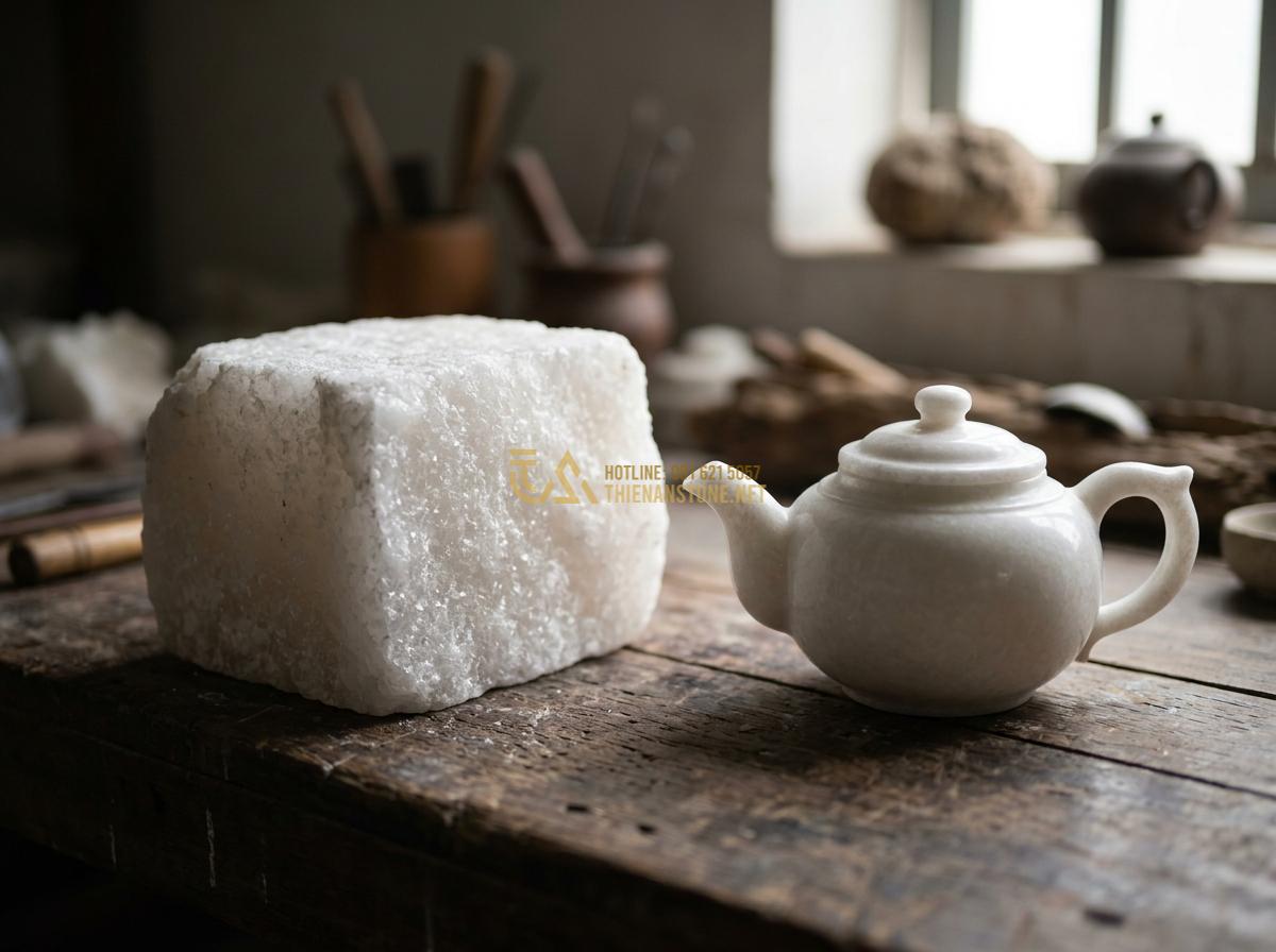 Bộ Ấm Chén Đá Tự Nhiên: Tuyệt Tác Trà Cụ Nâng Tầm Đẳng Cấp Không Gian - Hình 1 Bộ Ấm Chén Đá Tự Nhiên: Tuyệt Tác Trà Cụ Nâng Tầm Đẳng Cấp Không Gian - Tạo ảnh tiếng Anh: A high-quality, cinematic photograph of a raw, unpolished nat