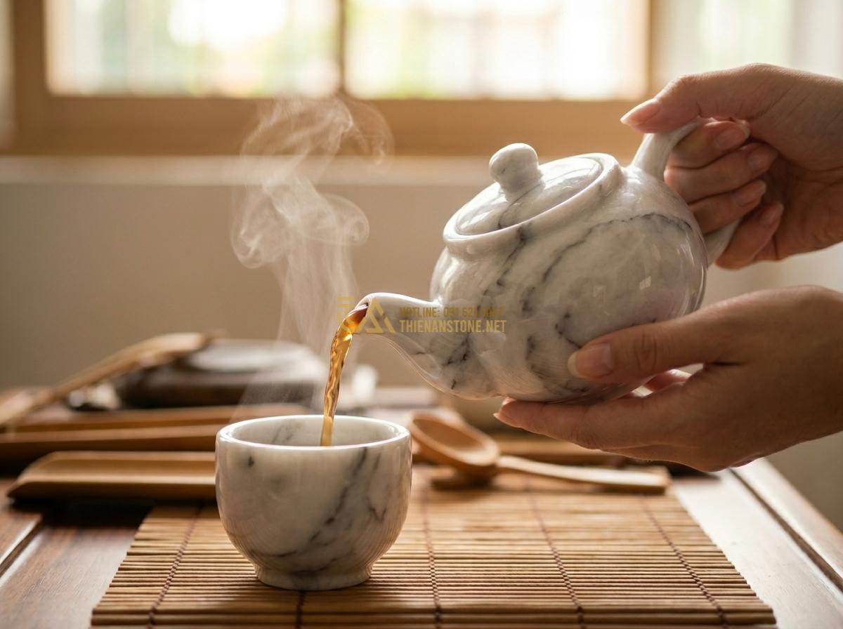 Bộ Ấm Chén Đá Tự Nhiên: Tuyệt Tác Trà Cụ Nâng Tầm Đẳng Cấp Không Gian - Hình 2 Bộ Ấm Chén Đá Tự Nhiên: Tuyệt Tác Trà Cụ Nâng Tầm Đẳng Cấp Không Gian - Tạo ảnh tiếng Anh: A close-up, macro shot capturing a pair of elegant hands grac