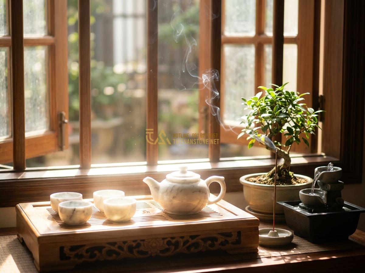 Bộ Ấm Chén Đá Tự Nhiên: Tuyệt Tác Trà Cụ Nâng Tầm Đẳng Cấp Không Gian - Hình 3 Bộ Ấm Chén Đá Tự Nhiên: Tuyệt Tác Trà Cụ Nâng Tầm Đẳng Cấp Không Gian - Tạo ảnh tiếng Anh: A beautifully arranged Zen tea setting indoors near a window.