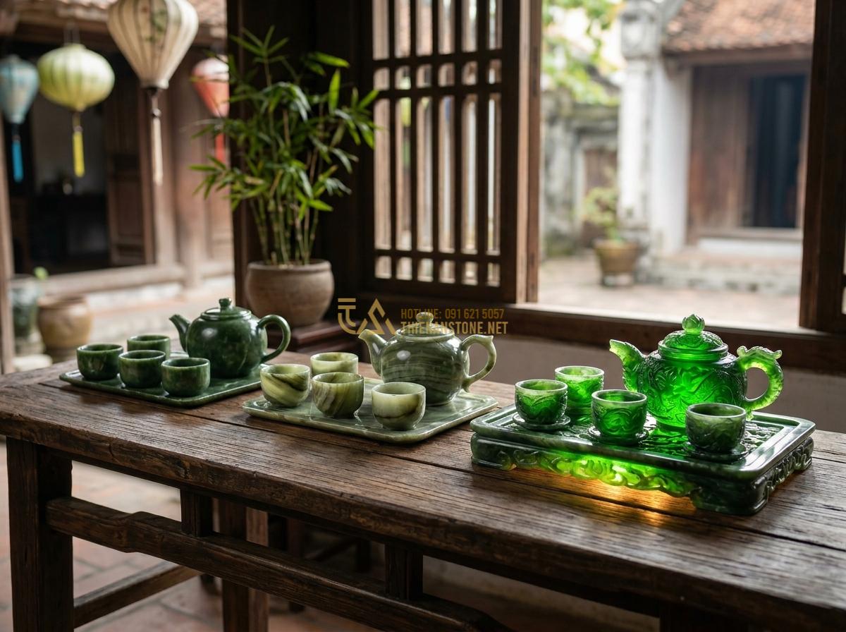 Bộ Ấm Chén Đá Tự Nhiên: Tuyệt Tác Trà Cụ Nâng Tầm Đẳng Cấp Không Gian - Hình 6 Bộ Ấm Chén Đá Tự Nhiên: Tuyệt Tác Trà Cụ Nâng Tầm Đẳng Cấp Không Gian - Tạo ảnh tiếng Anh: A comparative visual displaying three different tiers of natu
