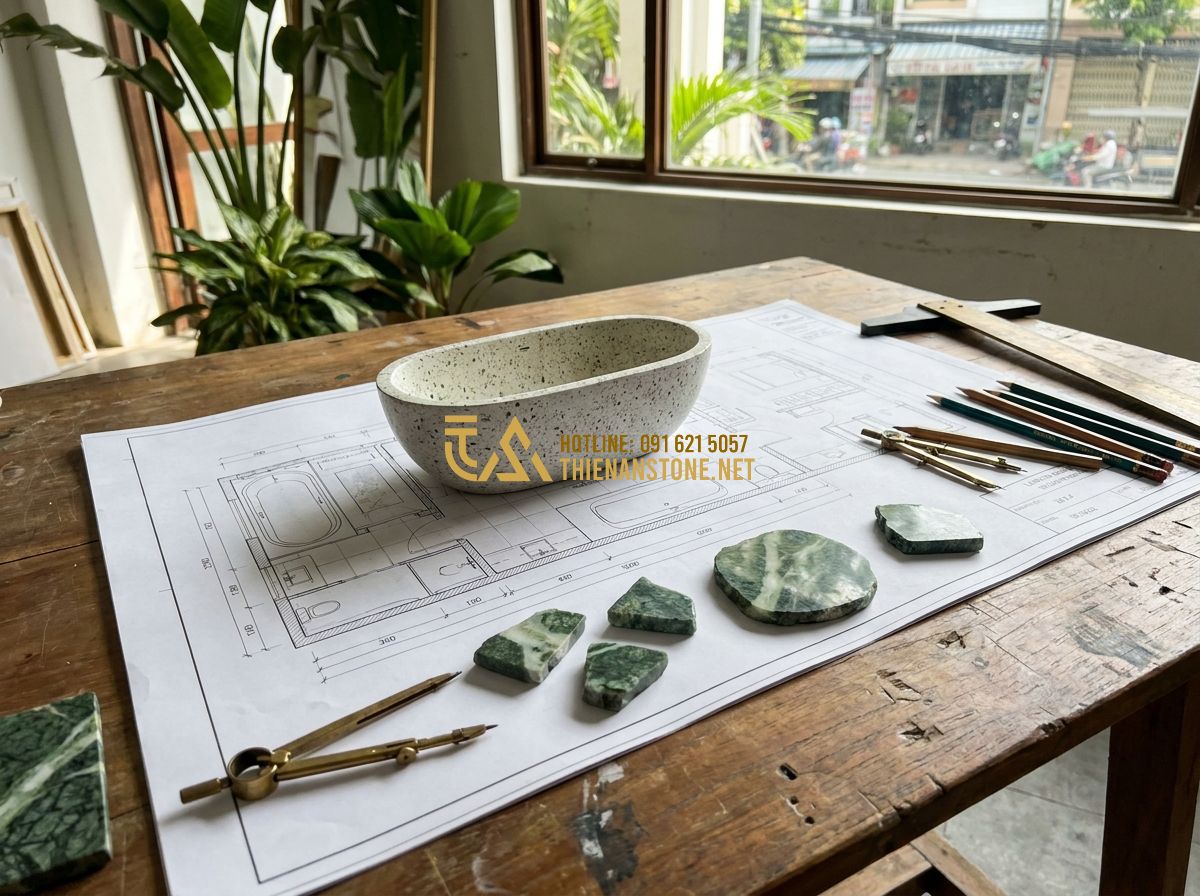 Bồn Tắm Đá Mài Terrazzo Có Nên Lắp Không? Review Thực Tế Từ Khách Hàng - Tạo ảnh tiếng Anh: An architectural blueprint of a luxurious bathroom showing th