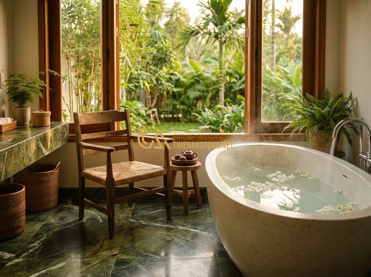 Bồn Tắm Đá Mài Terrazzo Có Nên Lắp Không? Review Thực Tế Từ Khách Hàng - Tạo ảnh tiếng Anh: A cozy, warm bathroom interior at sunset. An elderly person i