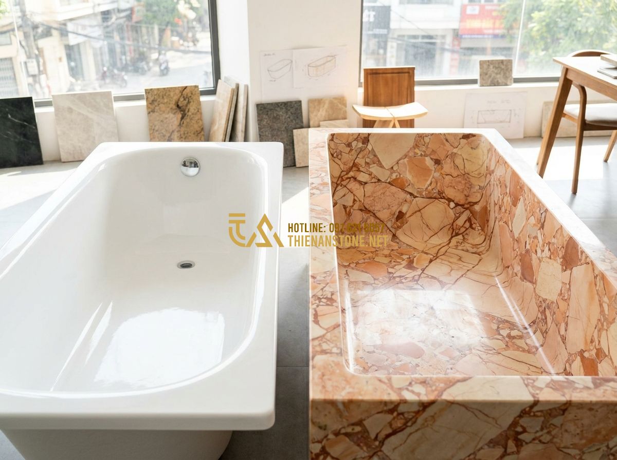 Bồn Tắm Đá Mài Terrazzo Có Nên Lắp Không? Review Thực Tế Từ Khách Hàng - Tạo ảnh tiếng Anh: A side-by-side comparison visual in a professional design stu