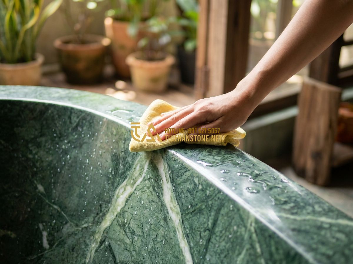 Bồn Tắm Đá Mài Terrazzo Có Nên Lắp Không? Review Thực Tế Từ Khách Hàng - Tạo ảnh tiếng Anh: A woman’s hand gently wiping the rim of a colorful terrazzo b