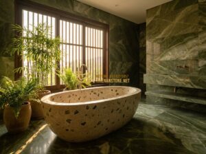 Bồn Tắm Đá Mài Terrazzo & Solid Surface: Đặc Điểm, Ưu Điểm & Mẫu Đẹp Nhất 2026 - Professional studio photograph of a modern minimalist bathroom with a large oval