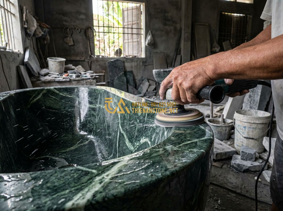 Bồn Tắm Đá Mài Terrazzo & Solid Surface: Đặc Điểm, Ưu Điểm & Mẫu Đẹp Nhất 2026 - Close-up of a craftsman's hands carefully polishing the curved surface of a bồn