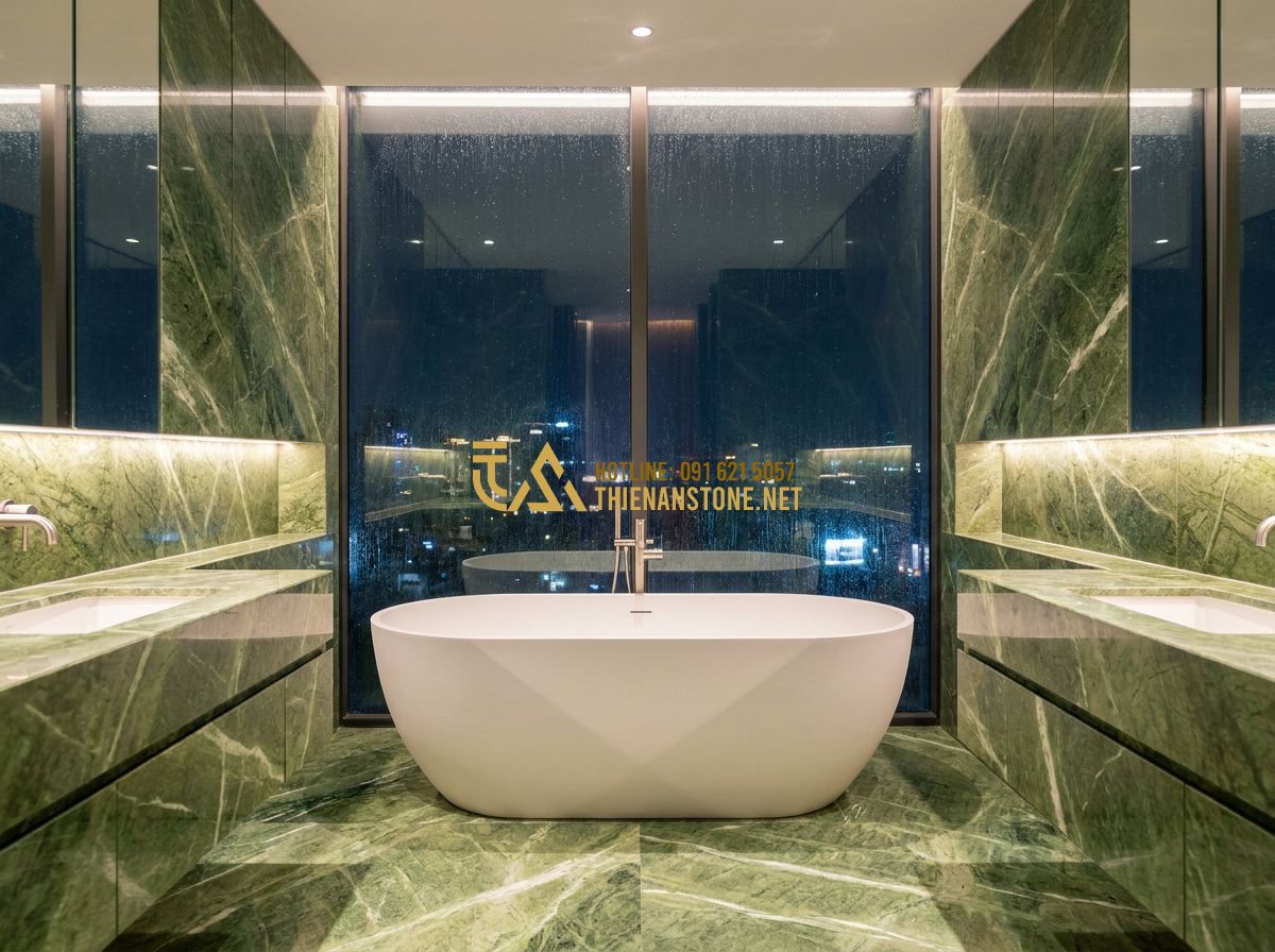Bồn Tắm Đá Mài Terrazzo & Solid Surface: Đặc Điểm, Ưu Điểm & Mẫu Đẹp Nhất 2026 - A luxurious master bathroom featuring a freestanding bồn tắm đá solid surface in