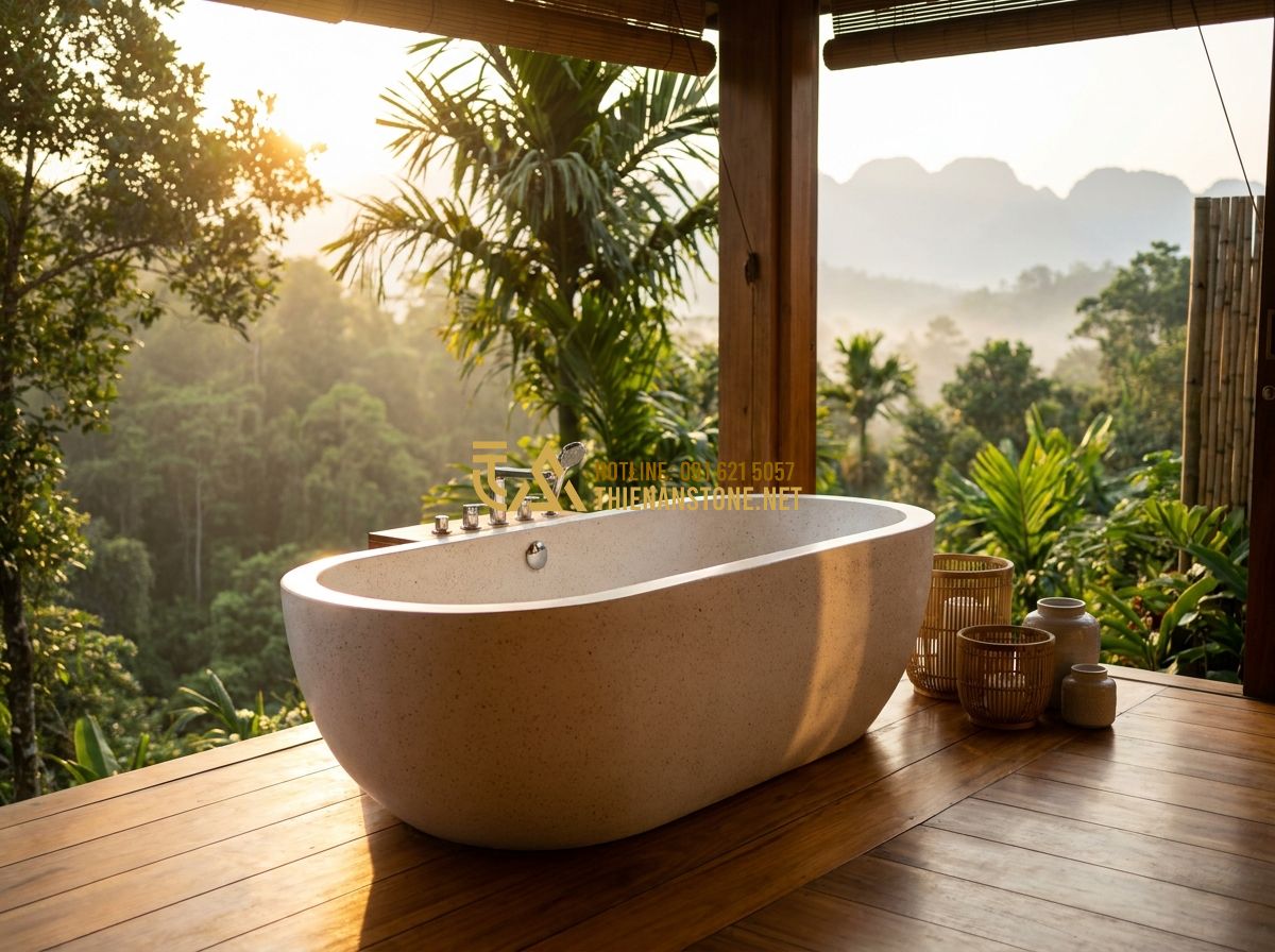 Bồn Tắm Đá Mài Terrazzo & Solid Surface: Đặc Điểm, Ưu Điểm & Mẫu Đẹp Nhất 2026 - An outdoor bathroom terrace with a bồn tắm đá terrazzo overlooking a forest vall
