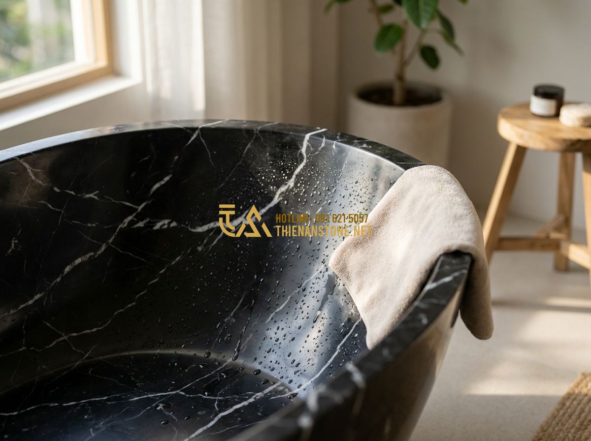 Bồn Tắm Đá Mài Terrazzo & Solid Surface: Đặc Điểm, Ưu Điểm & Mẫu Đẹp Nhất 2026 - Instructional photo showing a soft cloth wiping the interior of a smooth bồn tắm