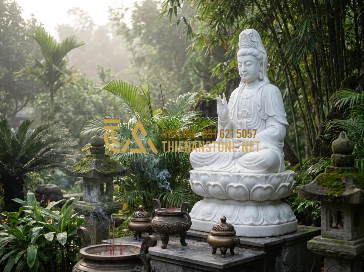 Cách Bài Trí Bàn Thờ Phật Ngoài Trời Và Bàn Thờ Quan Âm Cho Gia Chủ Tại Gia - Hình 1 Cách Bài Trí Bàn Thờ Phật Ngoài Trời Và Bàn Thờ Quan Âm Cho Gia Chủ Tại Gia - Tạo ảnh tiếng Anh: [A beautiful outdoor Buddhist altar scene in a lush garden, f