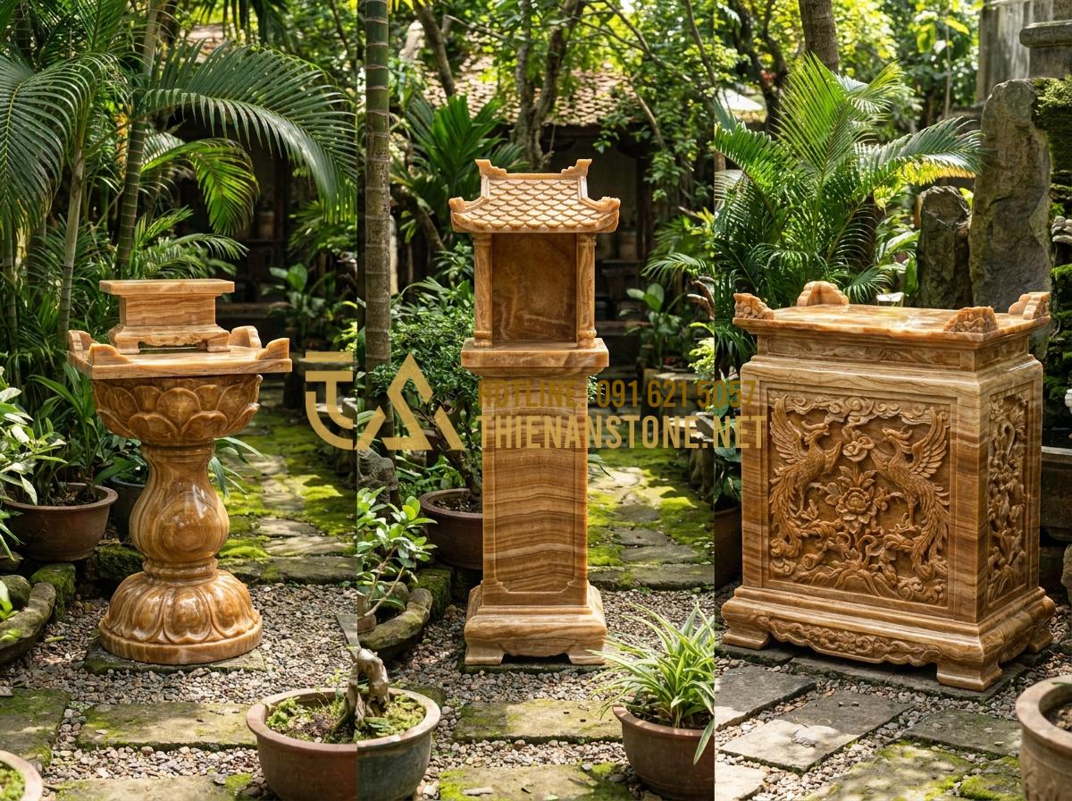 Cách Bài Trí Bàn Thờ Phật Ngoài Trời Và Bàn Thờ Quan Âm Cho Gia Chủ Tại Gia - Hình 3 Cách Bài Trí Bàn Thờ Phật Ngoài Trời Và Bàn Thờ Quan Âm Cho Gia Chủ Tại Gia - Tạo ảnh tiếng Anh: [A comparison layout showing three different types of stone a