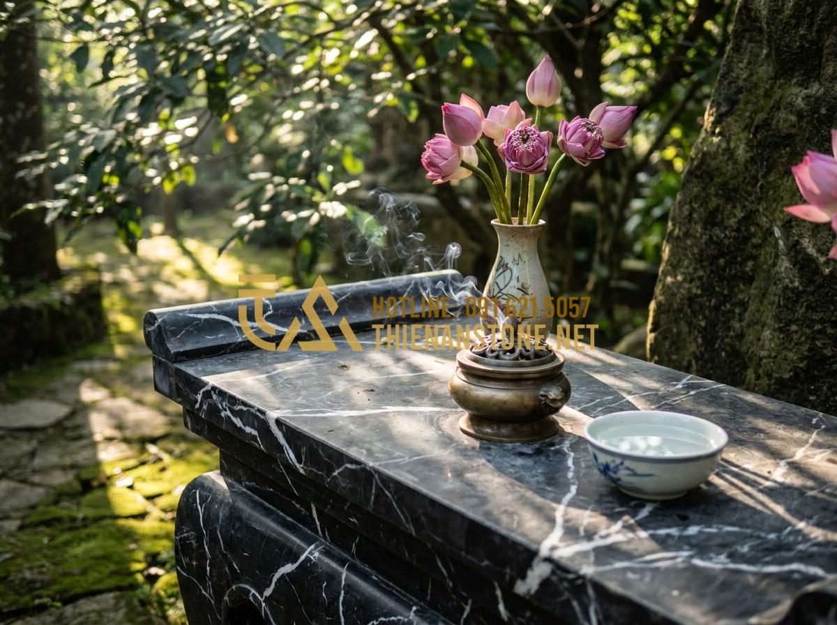 Cách Bài Trí Bàn Thờ Phật Ngoài Trời Và Bàn Thờ Quan Âm Cho Gia Chủ Tại Gia - Hình 4 Cách Bài Trí Bàn Thờ Phật Ngoài Trời Và Bàn Thờ Quan Âm Cho Gia Chủ Tại Gia - Tạo ảnh tiếng Anh: [Close-up of a stone Avalokitesvara altar showing the correct