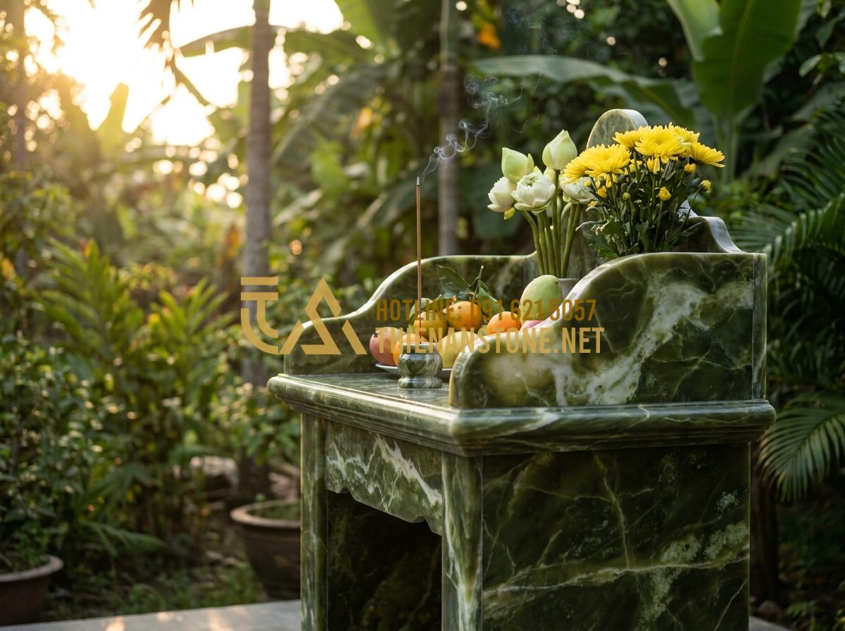 Cách Bài Trí Bàn Thờ Phật Ngoài Trời Và Bàn Thờ Quan Âm Cho Gia Chủ Tại Gia - Hình 6 Cách Bài Trí Bàn Thờ Phật Ngoài Trời Và Bàn Thờ Quan Âm Cho Gia Chủ Tại Gia - Tạo ảnh tiếng Anh: [A homeowner in traditional Vietnamese clothes lighting incen
