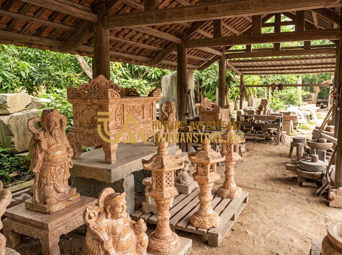 Cách Bài Trí Bàn Thờ Phật Ngoài Trời Và Bàn Thờ Quan Âm Cho Gia Chủ Tại Gia - Hình 8 Cách Bài Trí Bàn Thờ Phật Ngoài Trời Và Bàn Thờ Quan Âm Cho Gia Chủ Tại Gia - Tạo ảnh tiếng Anh: [Overview of Thien An Stone workshop displaying various finis