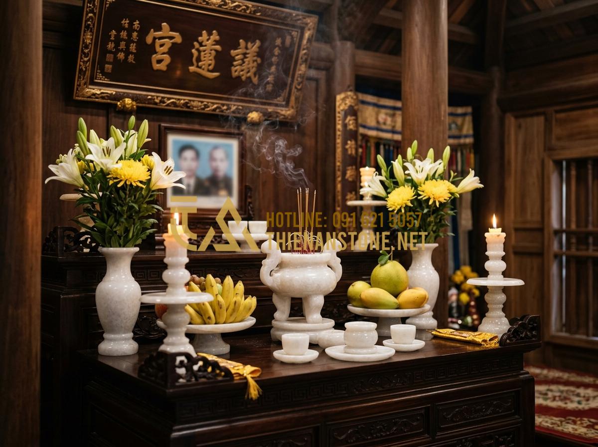 Cách Bài Trí Bộ Đồ Thờ Đá Trên Bàn Thờ Gia Tiên Đúng Phong Thủy, Rước Tài Lộc - Tạo ảnh tiếng Anh: A high-end, traditional Vietnamese family altar made of dark