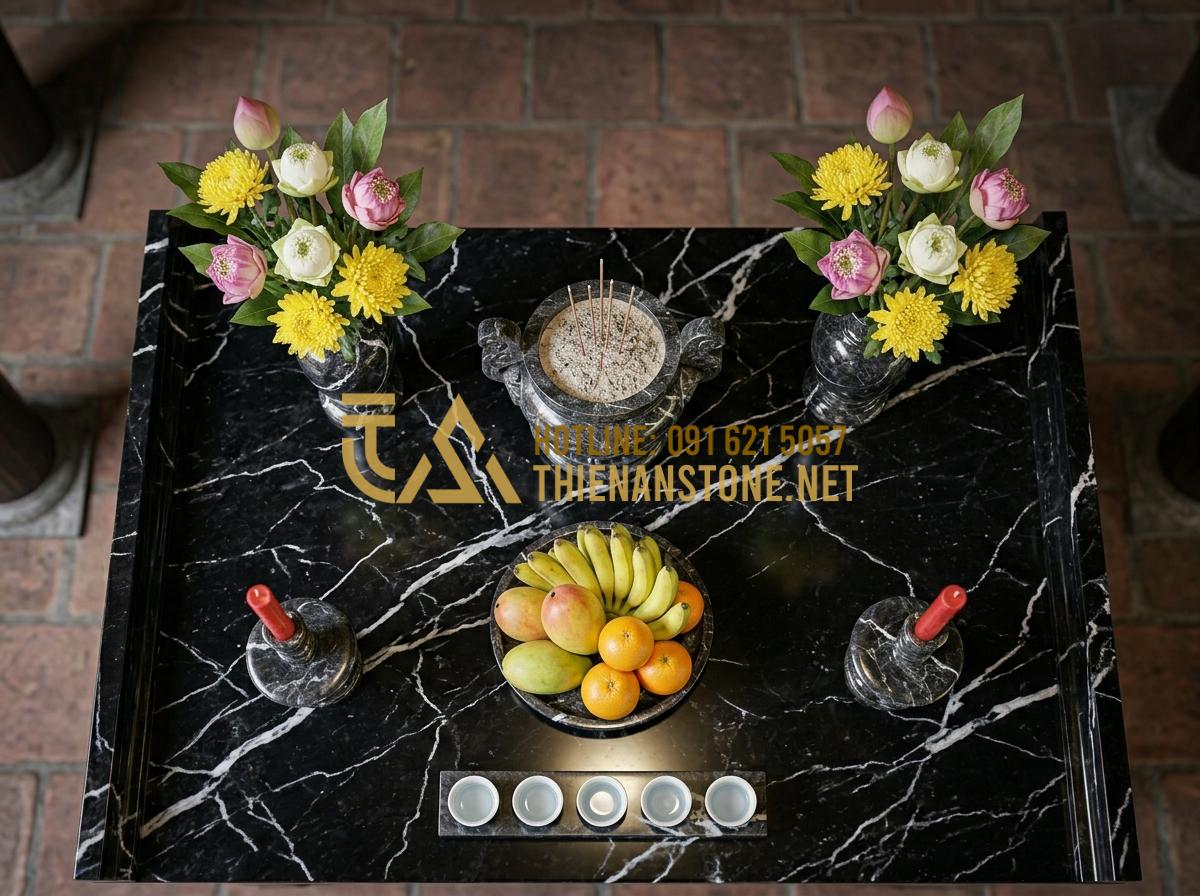 Cách Bài Trí Bộ Đồ Thờ Đá Trên Bàn Thờ Gia Tiên Đúng Phong Thủy, Rước Tài Lộc - Tạo ảnh tiếng Anh: Top-down diagram of a traditional Vietnamese stone altar layo
