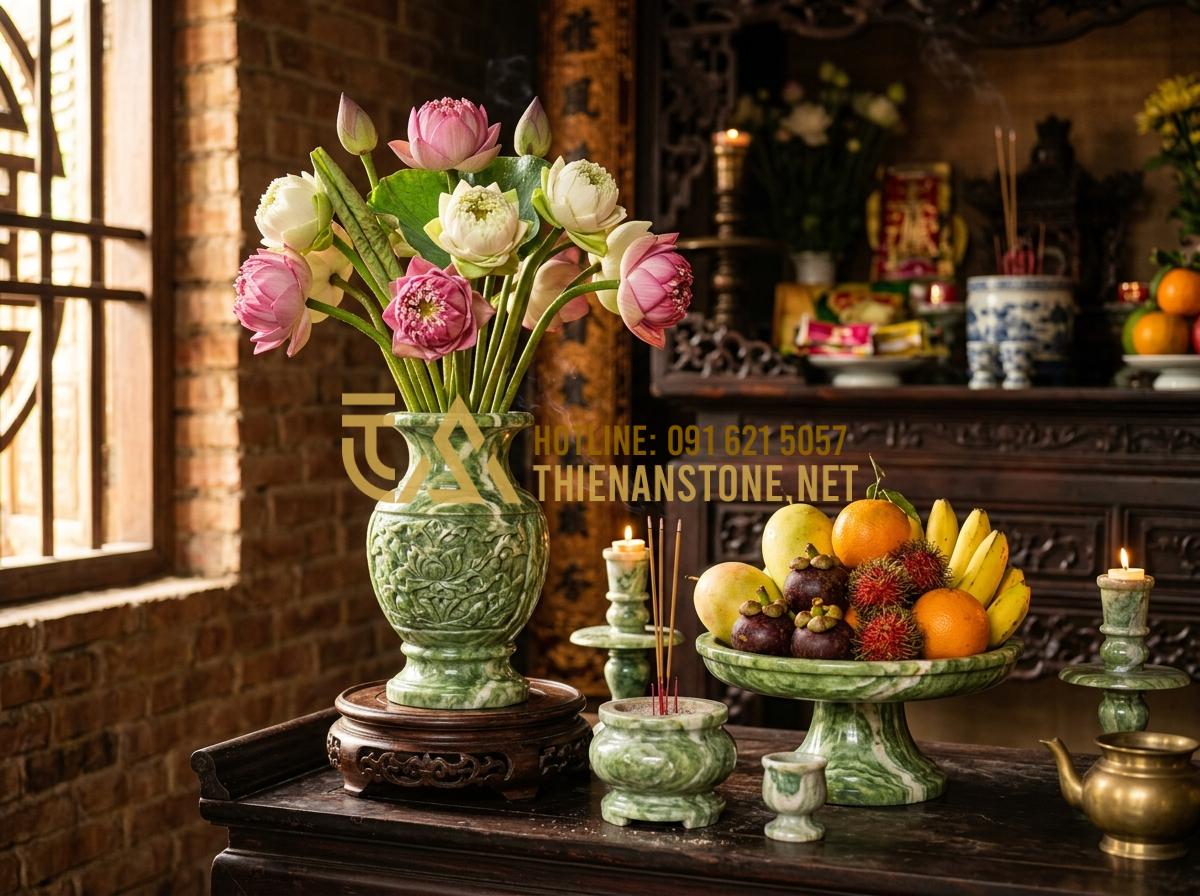 Cách Bài Trí Bộ Đồ Thờ Đá Trên Bàn Thờ Gia Tiên Đúng Phong Thủy, Rước Tài Lộc - Tạo ảnh tiếng Anh: A detailed set of stone worship items arranged on a pedestal.