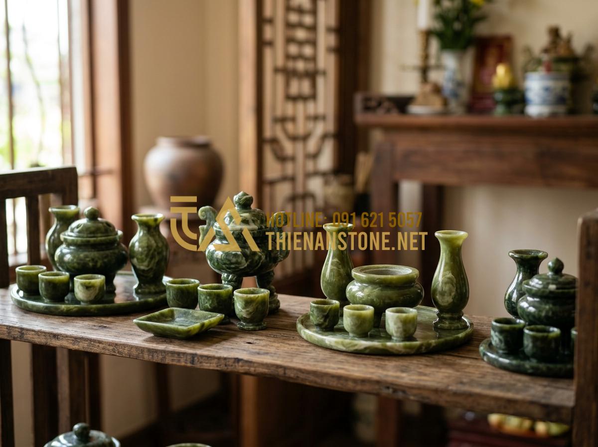 Cách Bài Trí Bộ Đồ Thờ Đá Trên Bàn Thờ Gia Tiên Đúng Phong Thủy, Rước Tài Lộc - Tạo ảnh tiếng Anh: A collection of various stone worship sets in different color