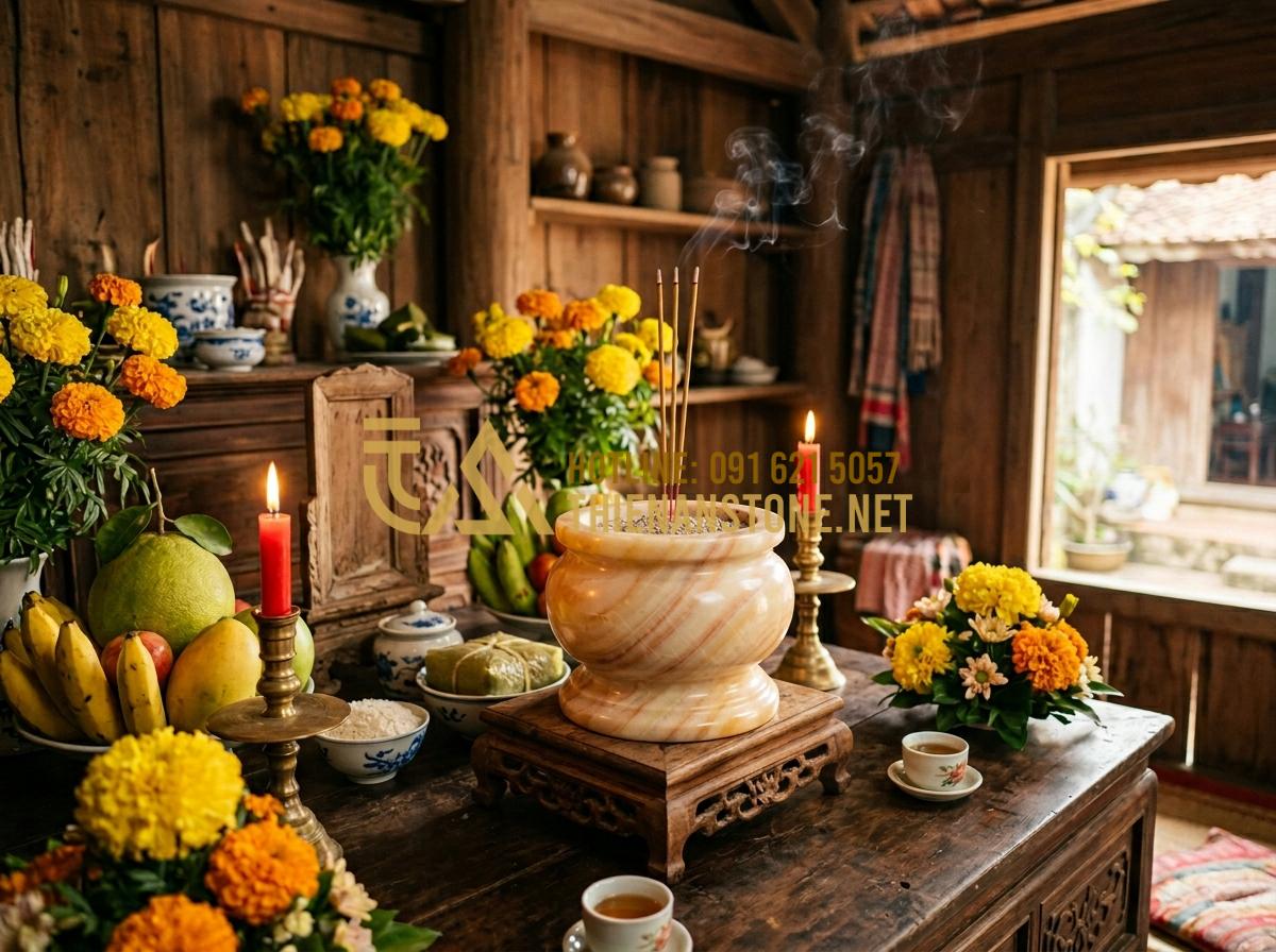 Cách Bài Trí Bộ Đồ Thờ Đá Trên Bàn Thờ Gia Tiên Đúng Phong Thủy, Rước Tài Lộc - Tạo ảnh tiếng Anh: A heartwarming scene of an elderly Vietnamese man (Mr. Minh)