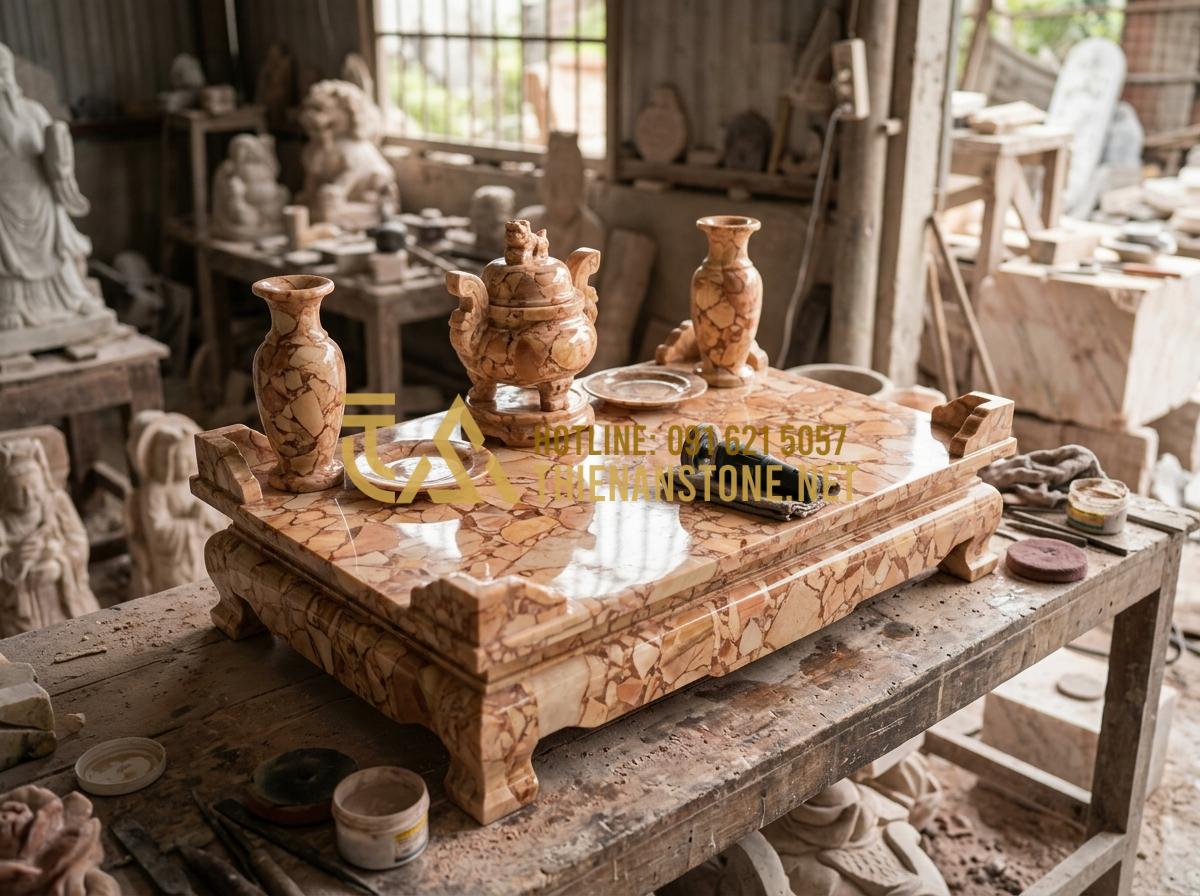 Cách Bài Trí Bộ Đồ Thờ Đá Trên Bàn Thờ Gia Tiên Đúng Phong Thủy, Rước Tài Lộc - Tạo ảnh tiếng Anh: A professional stone artisan at Xưởng Đá Mỹ Nghệ Thiên An car