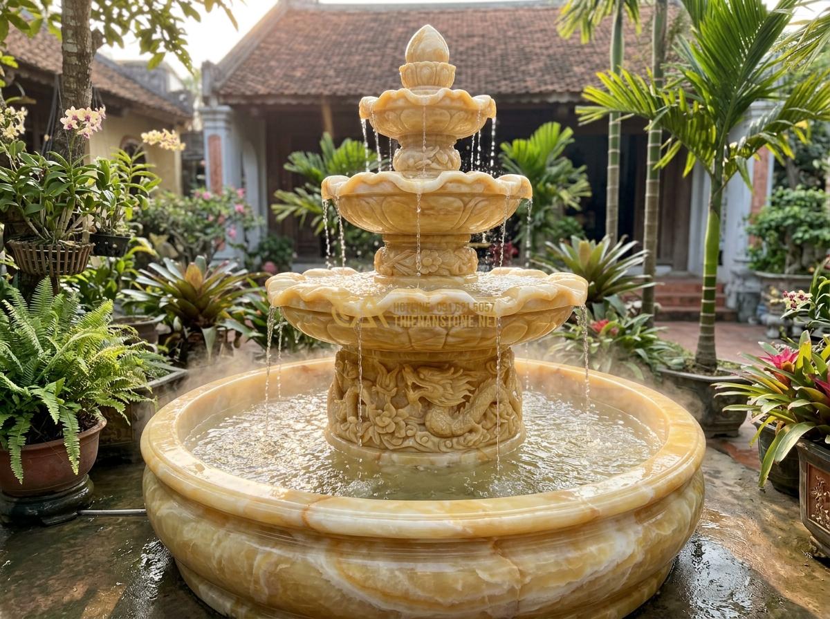 Cách Bảo Dưỡng Đài Phun Nước Bằng Đá Tự Nhiên Để Luôn Bền Đẹp Theo Thời Gian - Clean and sparkling daily maintained natural stone fountain in morning sunlight