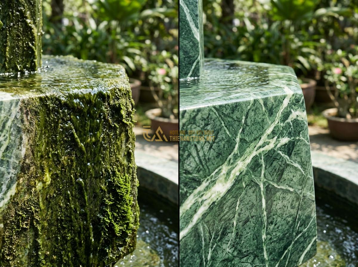 Cách Bảo Dưỡng Đài Phun Nước Bằng Đá Tự Nhiên Để Luôn Bền Đẹp Theo Thời Gian - Algae and moss removal on natural stone fountain surfaces before and after treat