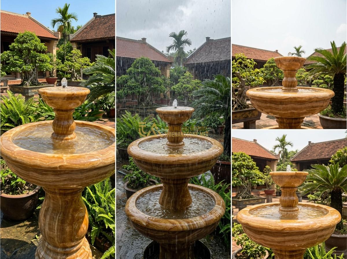 Cách Bảo Dưỡng Đài Phun Nước Bằng Đá Tự Nhiên Để Luôn Bền Đẹp Theo Thời Gian - Seasonal weather-resistant natural stone fountain in different weather condition