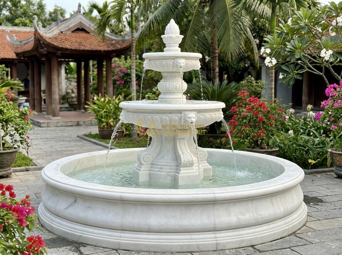 Cách Bảo Dưỡng Đài Phun Nước Bằng Đá Tự Nhiên Để Luôn Bền Đẹp Theo Thời Gian - Fully restored large natural stone fountain after major repairs looking brand ne