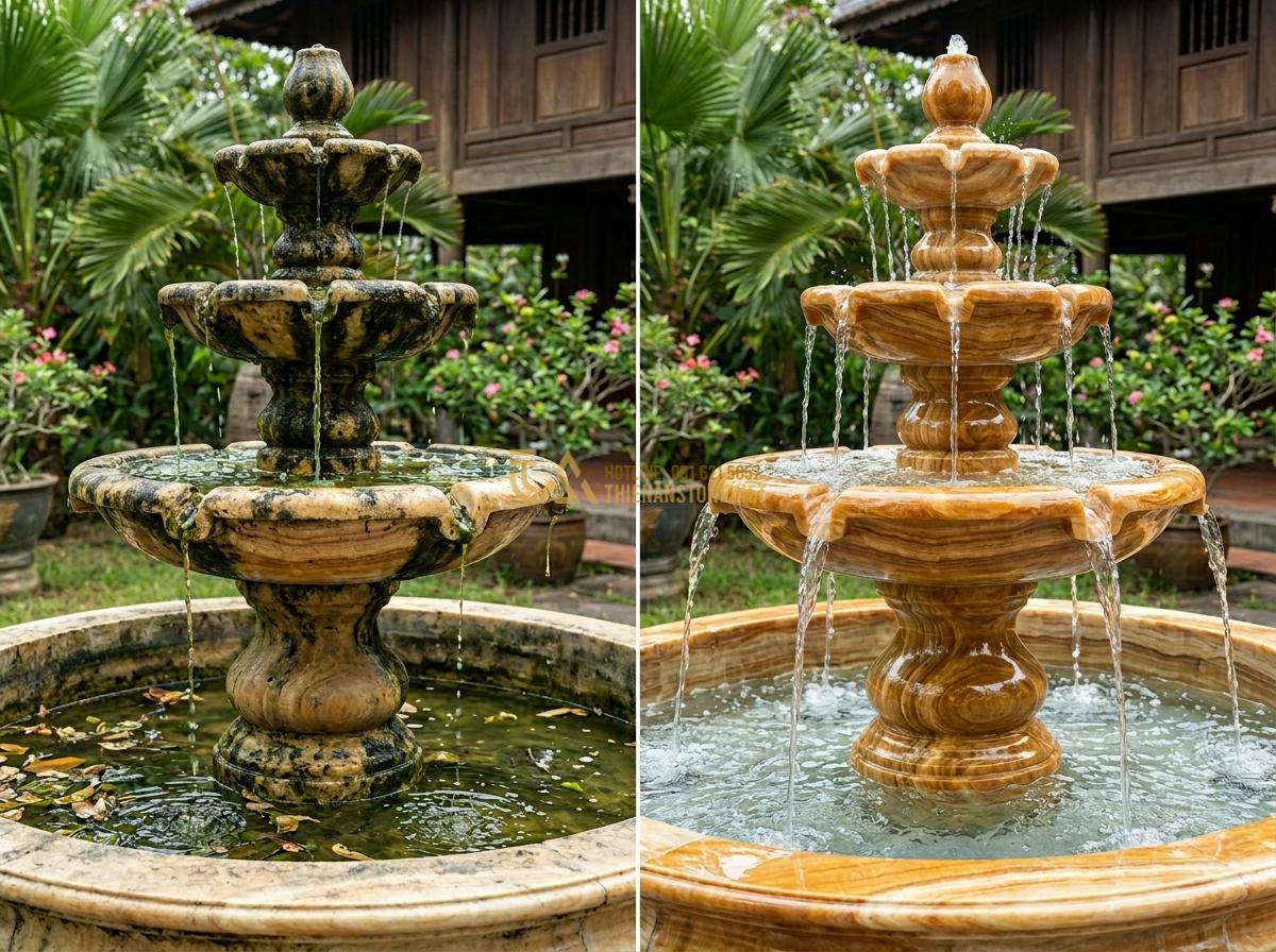 Cách Bảo Dưỡng Đài Phun Nước Bằng Đá Tự Nhiên Để Luôn Bền Đẹp Theo Thời Gian - Before and after comparison of natural stone fountain maintenance showing dirty