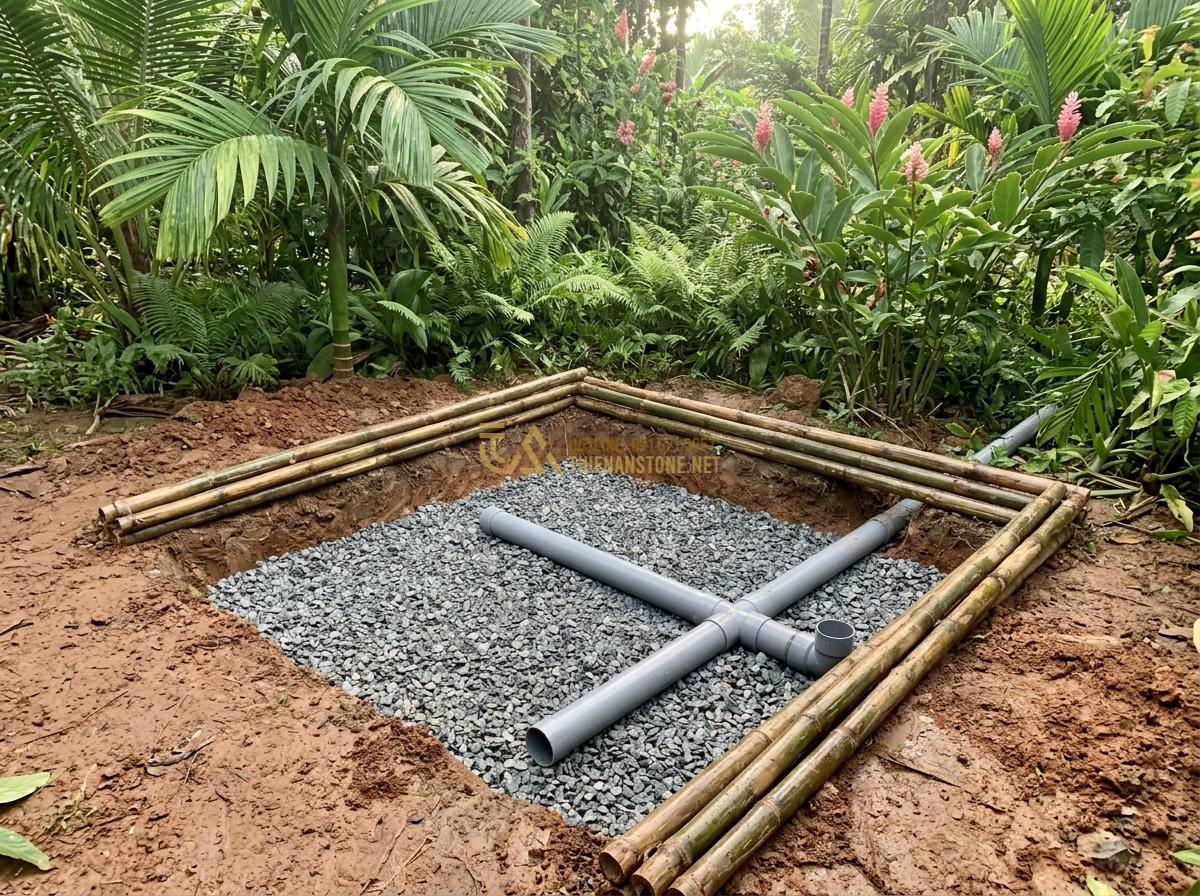 Cách Bảo Dưỡng Đài Phun Nước Bằng Đá Tự Nhiên Để Luôn Bền Đẹp Theo Thời Gian - Installation process of natural stone fountain in garden setting with proper dra
