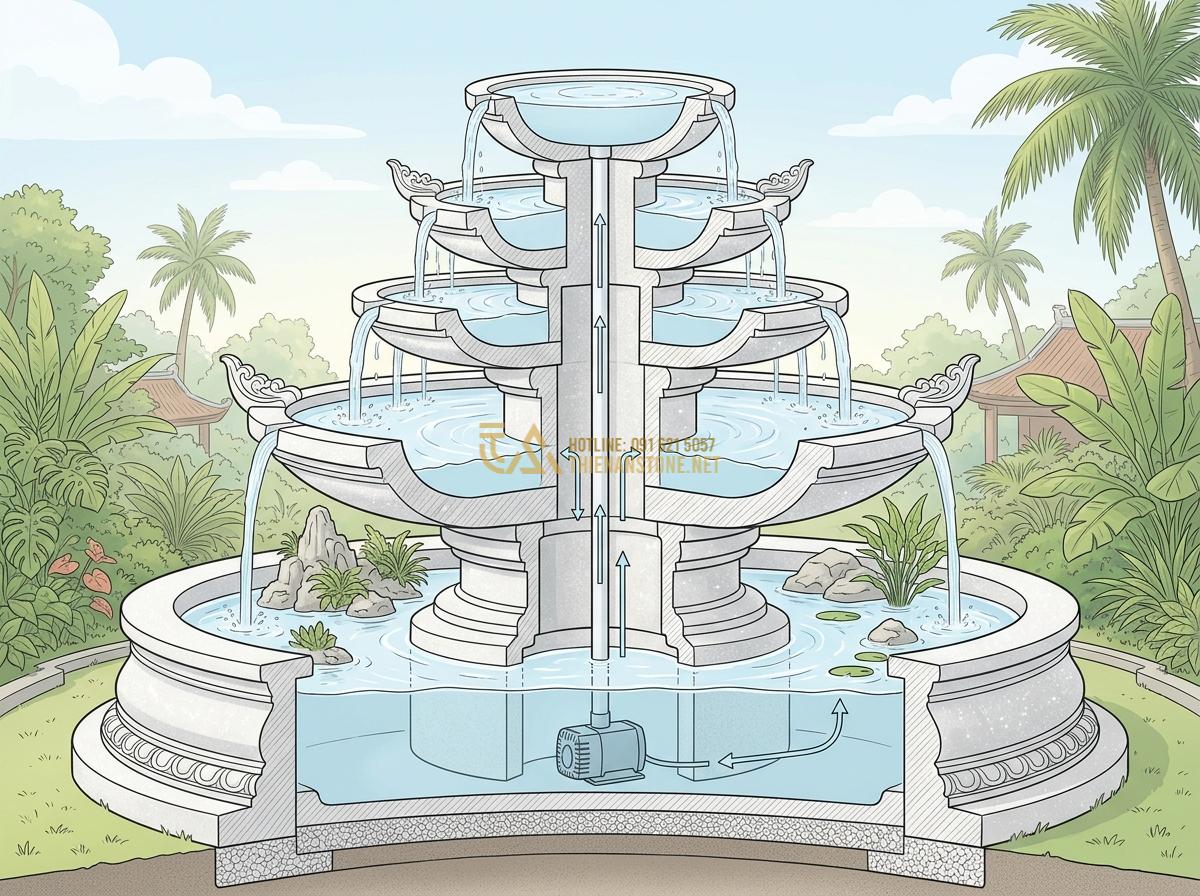 Cách Bảo Dưỡng Đài Phun Nước Bằng Đá Tự Nhiên Để Luôn Bền Đẹp Theo Thời Gian - Cross-section diagram style image showing natural stone layers in a fountain str